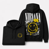 Nirvana black hoodie front and back dark display mockup with yellow smiley chest detail and oversized back graphic