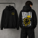 Nirvana black hoodie folded front and full back mockup showing yellow smiley chest print and large distressed back graphic