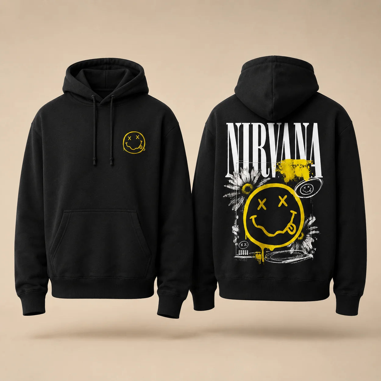 Nirvana black hoodie lifestyle model mockup with yellow smiley front chest print and large white yellow grunge back design
