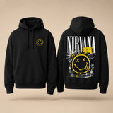 Nirvana black hoodie lifestyle model mockup with yellow smiley front chest print and large white yellow grunge back design