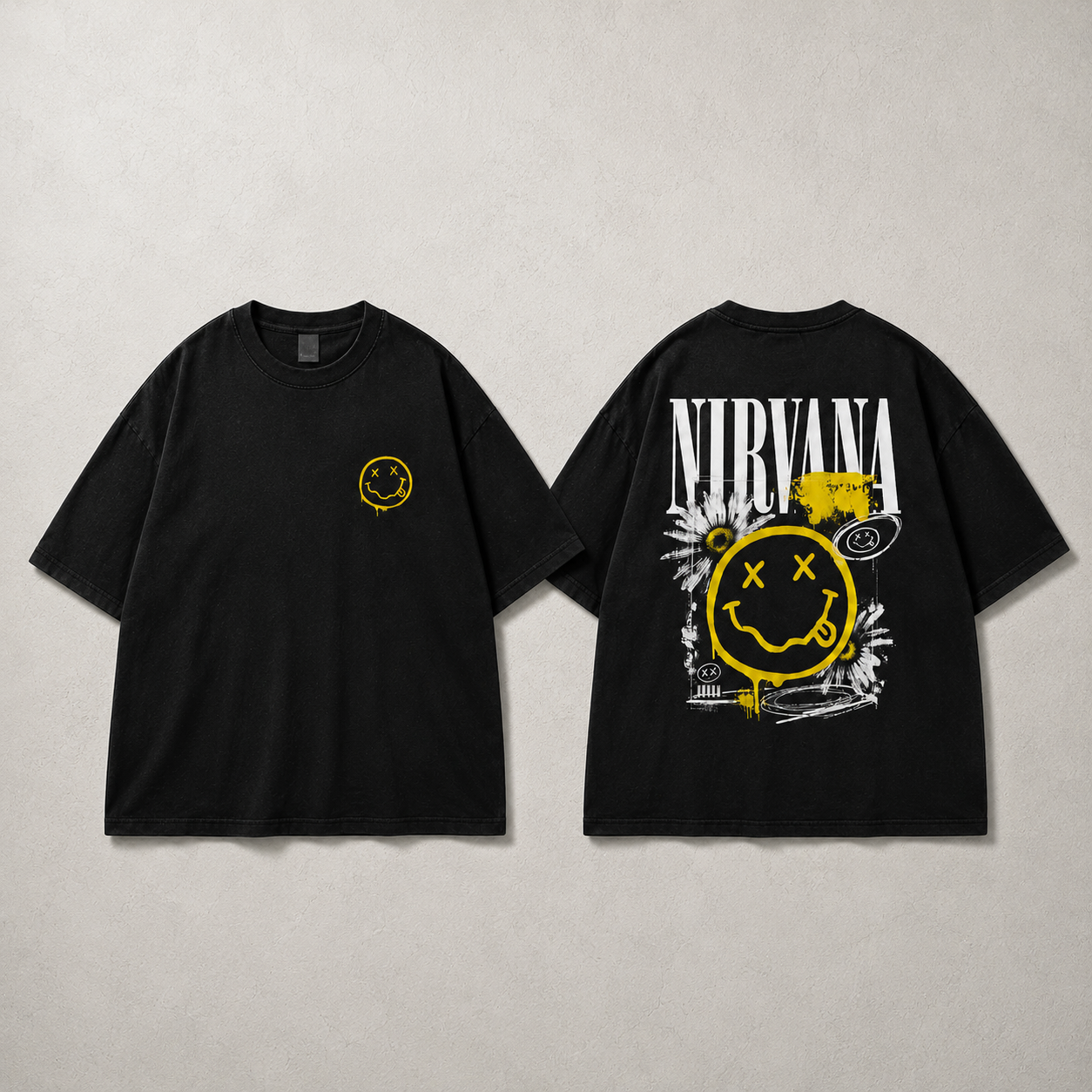 Nirvana black T-shirt front and back mockup with small left chest smiley and large back graphic
