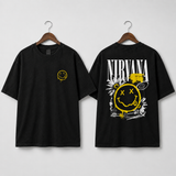 Nirvana black T-shirt front and back studio product mockup