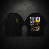 Nirvana black T-shirt front and back white background mockup