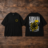 Nirvana black T-shirt front and back rustic wood mockup