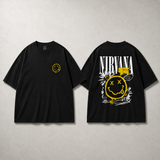 Nirvana black T-shirt front and back dark grunge mockup