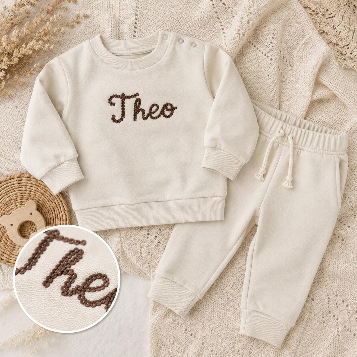 Personalised light stone baby tracksuit with embroidered name
