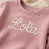 Close-up of chain stitch-style name embroidery