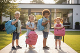 Kids wearing personalised nursery backpacks outdoors
