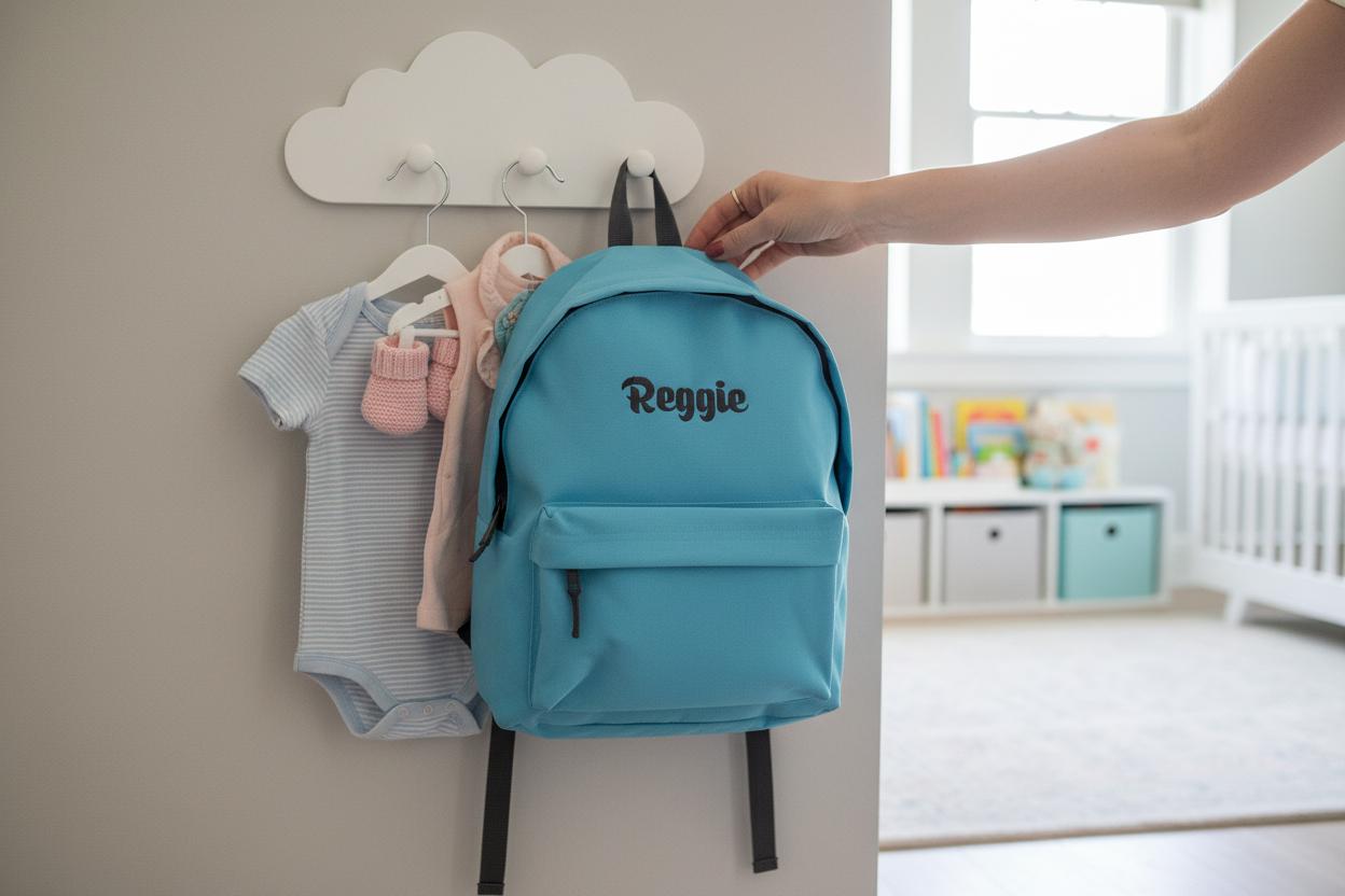 Blue nursery backpack personalised with name