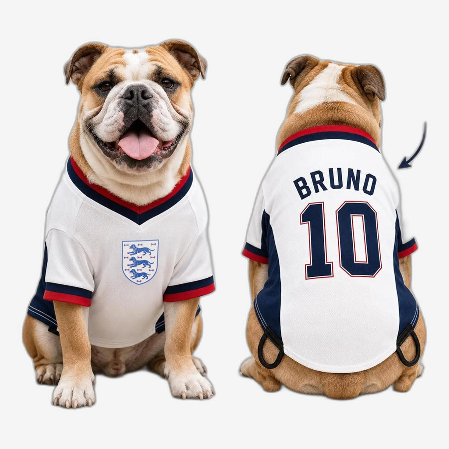 Personalised England Dog Football T-Shirt | Custom Name & Number | 3 Dogs Pet Football shirt