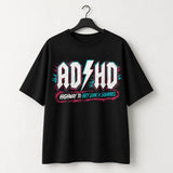 Printora UK black cotton unisex t-shirt with neon pink and turquoise ADHD Highway to Hey Look a Squirrel graphic