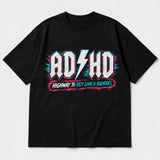 Printora UK black cotton unisex t-shirt with neon pink and turquoise ADHD Highway to Hey Look a Squirrel graphic