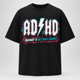 Printora UK black cotton unisex t-shirt with neon pink and turquoise ADHD Highway to Hey Look a Squirrel graphic