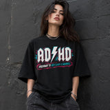 Printora UK black cotton unisex T-shirt with neon pink and turquoise ADHD Highway to Hey Look a Squirrel graphic