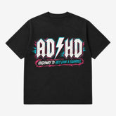 Printora UK black cotton t-shirt with neon pink and turquoise ADHD Highway to Hey Look a Squirrel graphic print