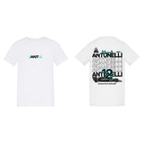 Printora UK white cotton F1 fan t-shirt featuring Andrea Kimi Antonelli ANT12 chest logo and detailed back graphic.