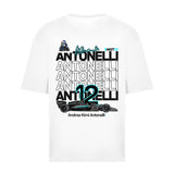 Printora UK white cotton F1 fan t-shirt featuring Andrea Kimi Antonelli ANT12 back graphic with race car and helmet.