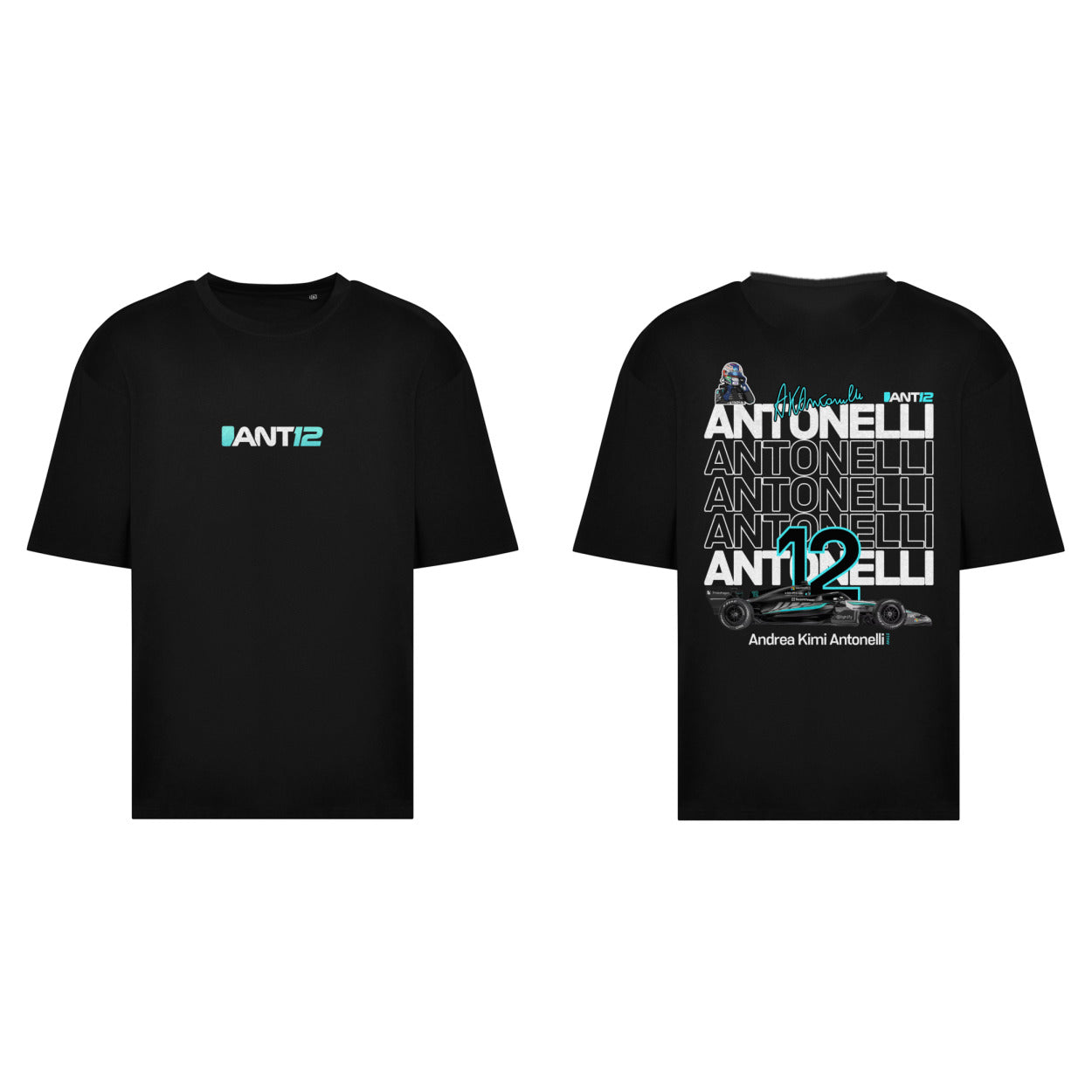 Printora UK black cotton F1 fan t-shirt featuring ANT12 chest logo and Andrea Kimi Antonelli graphic back print