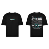 Printora UK black cotton F1 fan t-shirt featuring ANT12 chest logo and Andrea Kimi Antonelli graphic back print