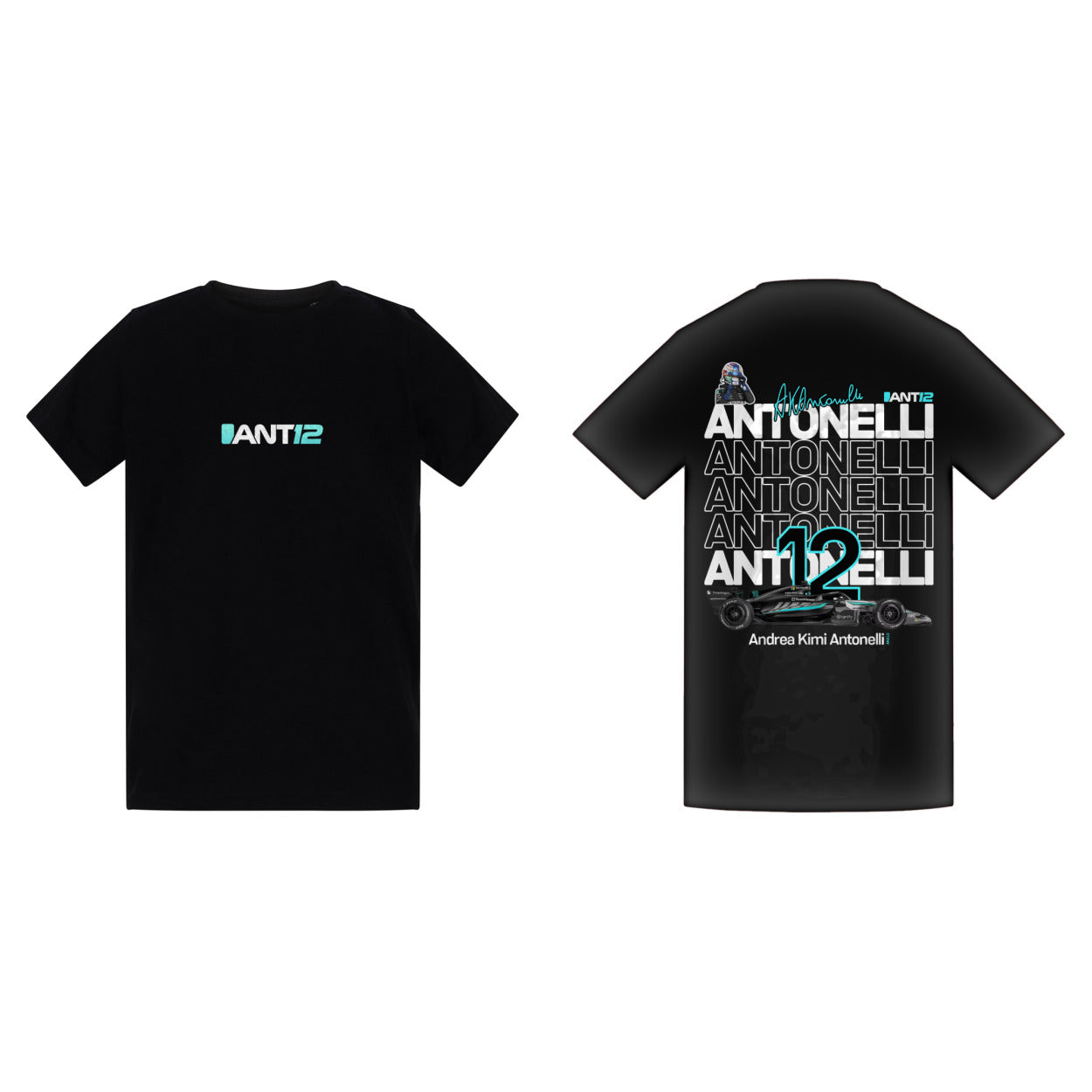 Printora UK black cotton F1 fan t-shirt featuring ANT12 logo on chest and Andrea Kimi Antonelli graphic on back.