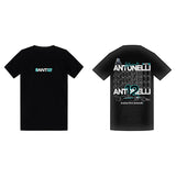 Printora UK black cotton F1 fan t-shirt featuring ANT12 logo on chest and Andrea Kimi Antonelli graphic on back.