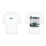 Printora UK white cotton F1 fan t-shirt featuring ANT12 chest logo and Andrea Kimi Antonelli race car back graphic