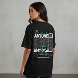 Printora UK black cotton F1 t-shirt featuring Andrea Kimi Antonelli ANT12 back print with race car and helmet graphic