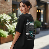 Printora UK black cotton F1 fan t-shirt featuring Andrea Kimi Antonelli ANT12 back graphic worn by a woman outdoors