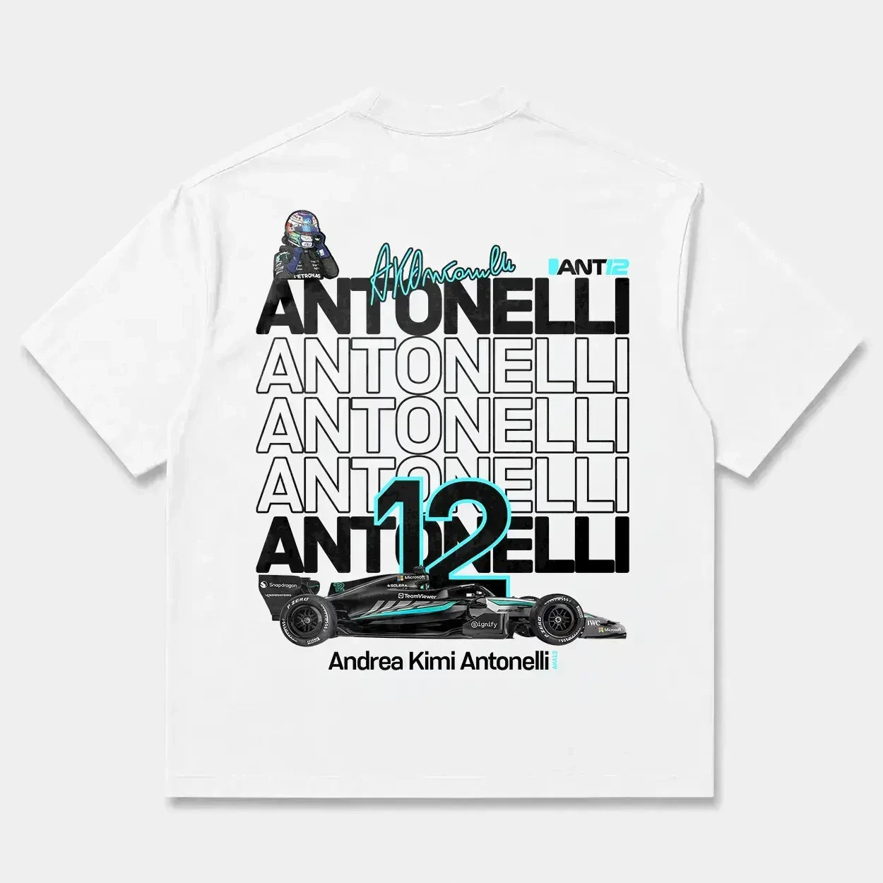 Printora UK white cotton t-shirt featuring a large ANT12 Formula 1 back print with Andrea Kimi Antonelli graphics.
