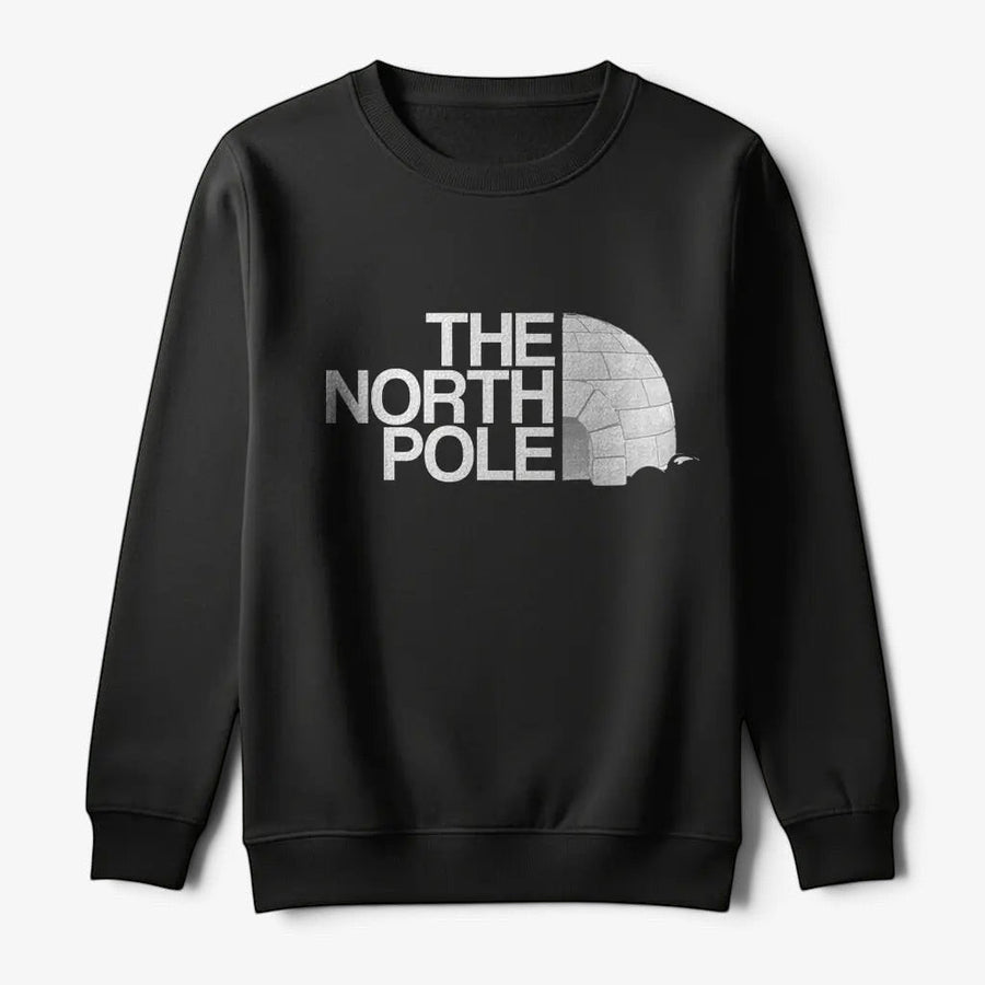 Printora UK black Christmas jumper featuring a white The North Pole igloo parody graphic and crew neckline