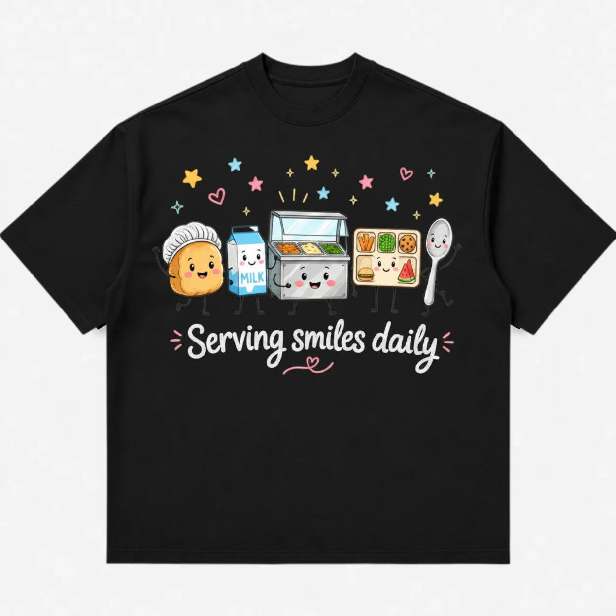 Printora UK black heavyweight cotton T-shirt featuring a cute cartoon school lunch graphic and Serving Smiles Daily text