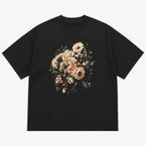 Printora UK black unisex t-shirt featuring a detailed vintage cream and blush floral bouquet graphic on the front.