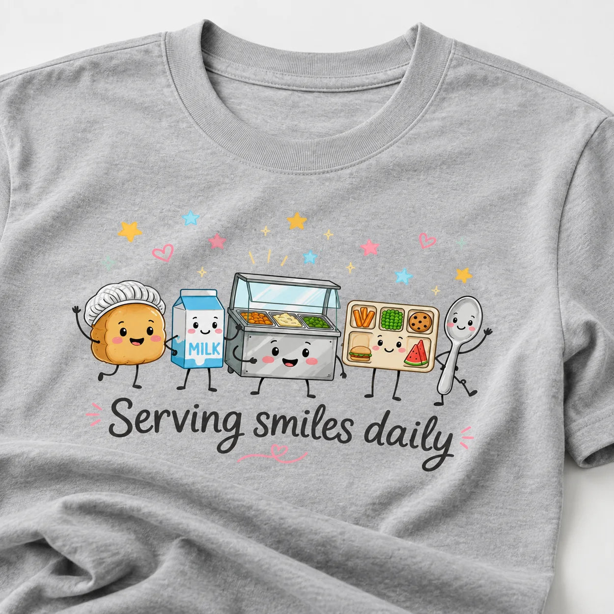 Printora UK heather grey heavyweight cotton t-shirt featuring a cute cartoon school lunch food service graphic