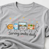 Printora UK heather grey heavyweight cotton t-shirt featuring a cute cartoon school lunch food service graphic