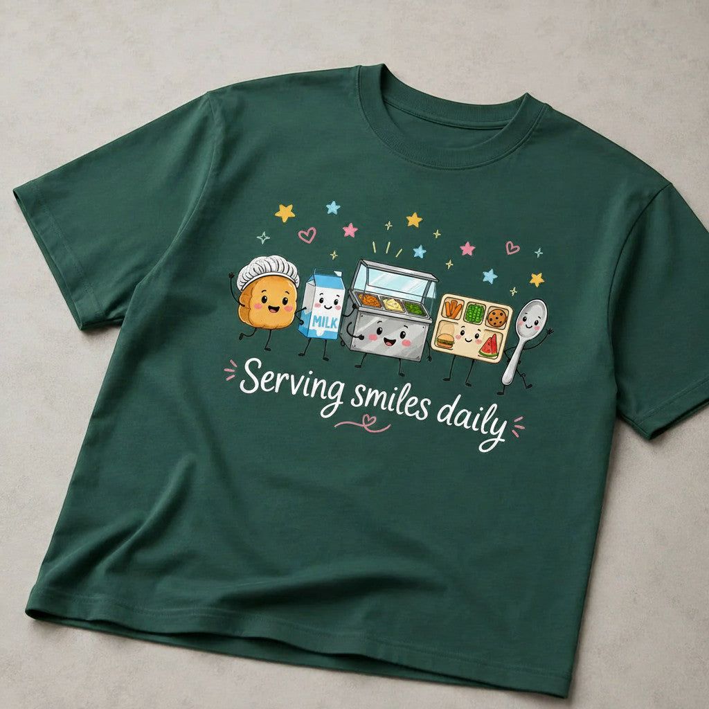 Printora UK moss green heavyweight cotton t-shirt featuring a cute Serving Smiles Daily school lunch graphic print.