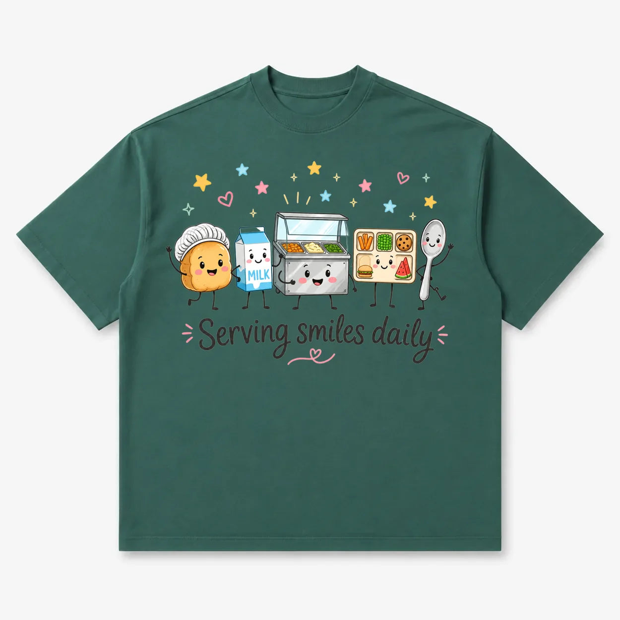 Printora UK moss green heavyweight cotton t-shirt featuring a cute cartoon school lunch graphic for dinner ladies.