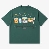 Printora UK moss green heavyweight cotton t-shirt featuring a cute cartoon school lunch graphic for dinner ladies.