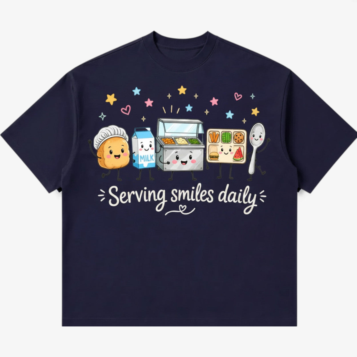 Printora UK navy blue heavyweight cotton t-shirt featuring a cute cartoon school lunch graphic and Serving Smiles Daily