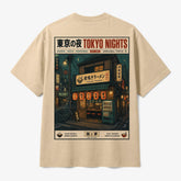 Printora UK beige unisex t-shirt featuring a detailed back graphic of a Tokyo ramen shop at night with neon lanterns.