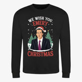 Printora UK black crew neck sweatshirt featuring a cartoon Unai Emery in a Santa hat with festive Christmas text.