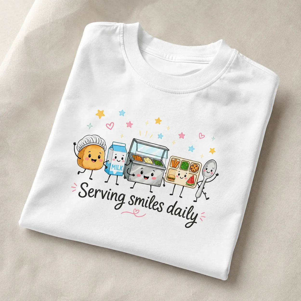 Printora UK white heavyweight cotton t-shirt featuring a cute cartoon school lunch graphic and Serving Smiles Daily text