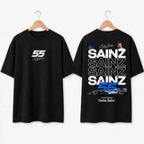 Carlos Sainz F1 fan T-shirt black hanger mockup with front and back print