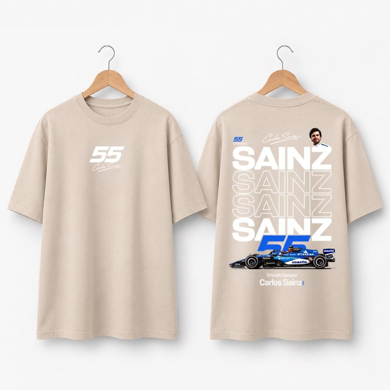 Carlos Sainz T-shirt lifestyle mockup in natural stone, front and back views