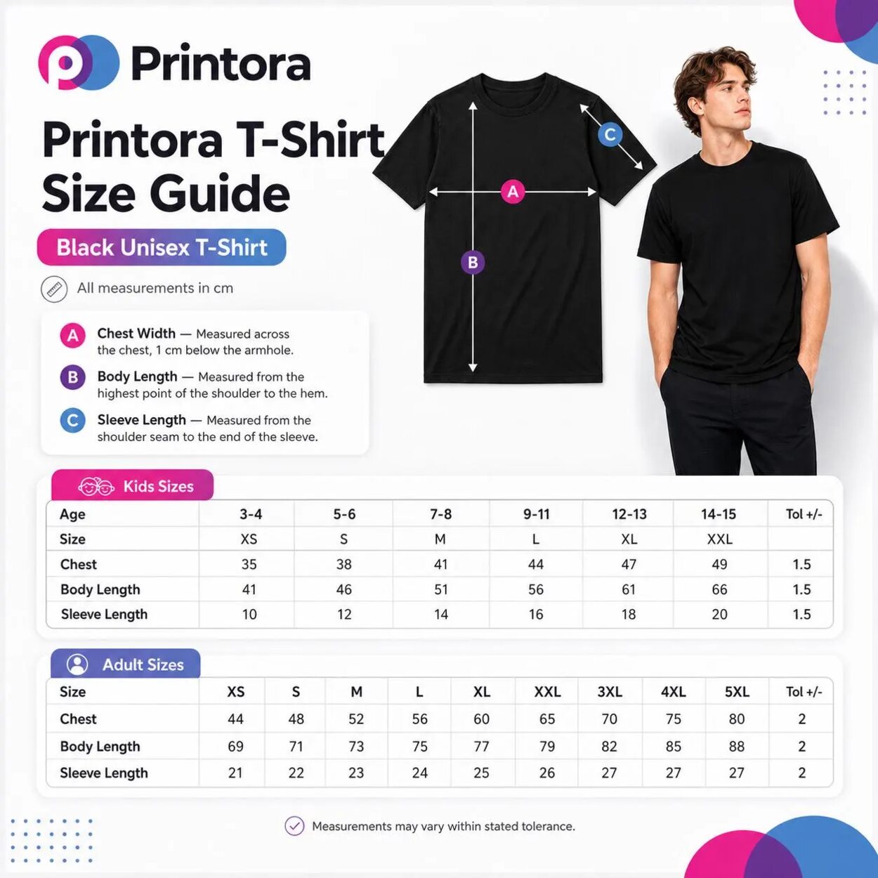 Printora black unisex T-shirt size guide