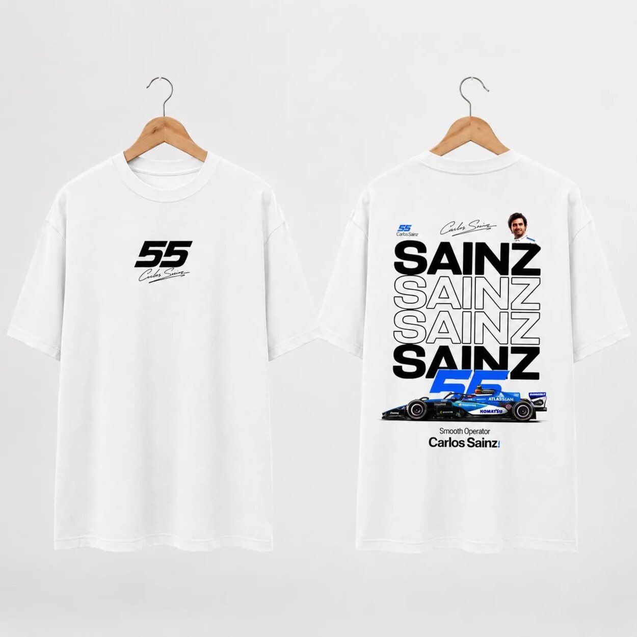 Carlos Sainz F1 fan T-shirt white hanger mockup with front and back print