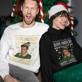 Black and white Elfis Presley Christmas jumpers shown together