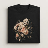 Folded black T-shirt with vintage floral bouquet print