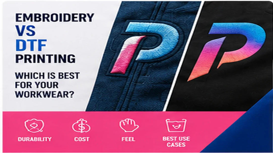 Comparison of embroidered and DTF printed logos on workwear fabric