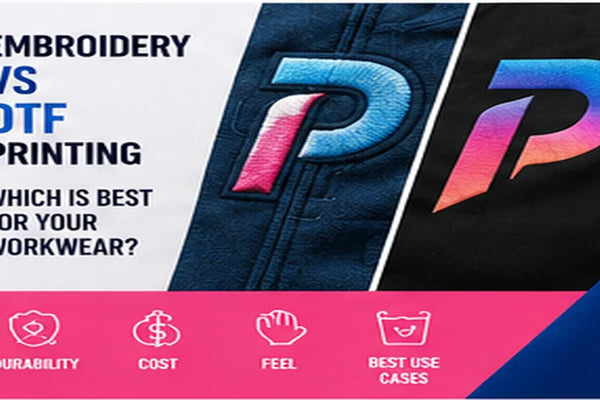 Comparison of embroidered and DTF printed logos on workwear fabric