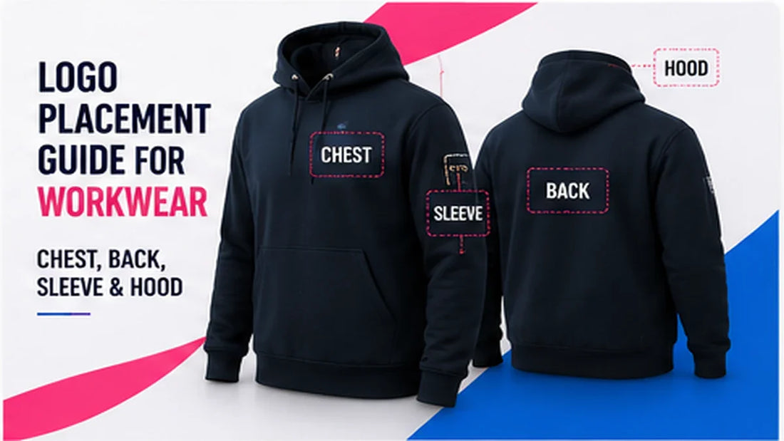 Workwear garments showing chest sleeve back and hood logo placements